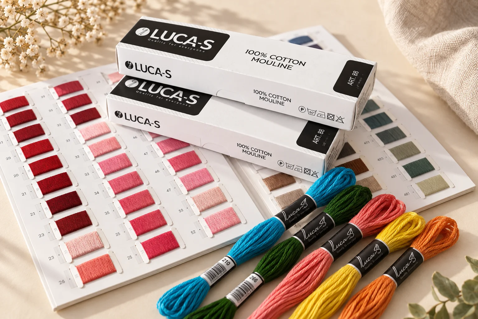 Luca-S mouliné thread boxes, colourful skeins and an open colour chart