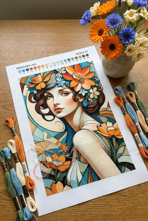 Portrait in the style of Alphonse Mucha, featuring a needlepoint tapestry. – BG26-0127