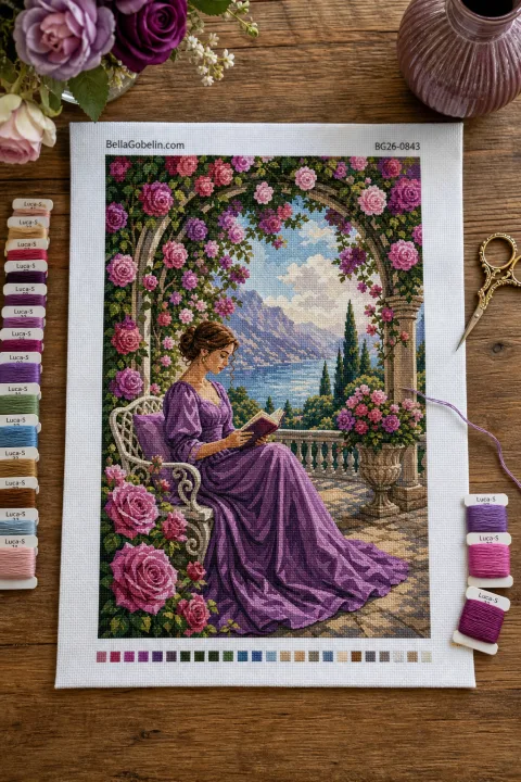 Lady reading in a rose arbor