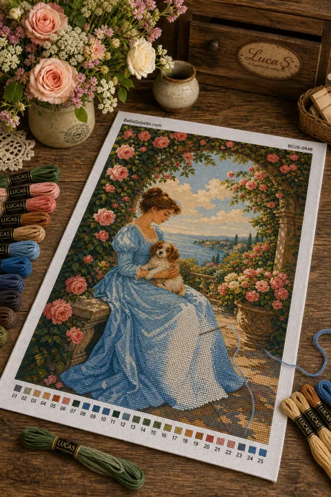 Lady with a puppy under the rose arbor