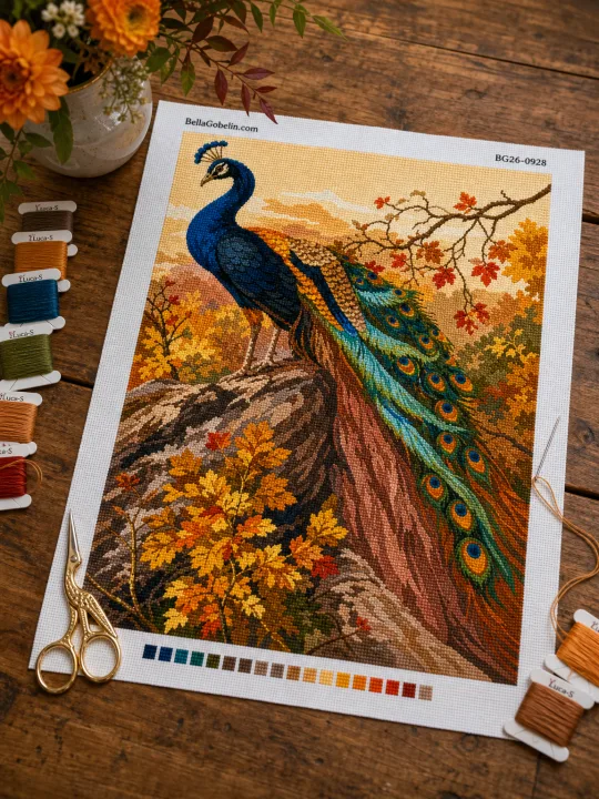 Peacock rooster in an autumn still life