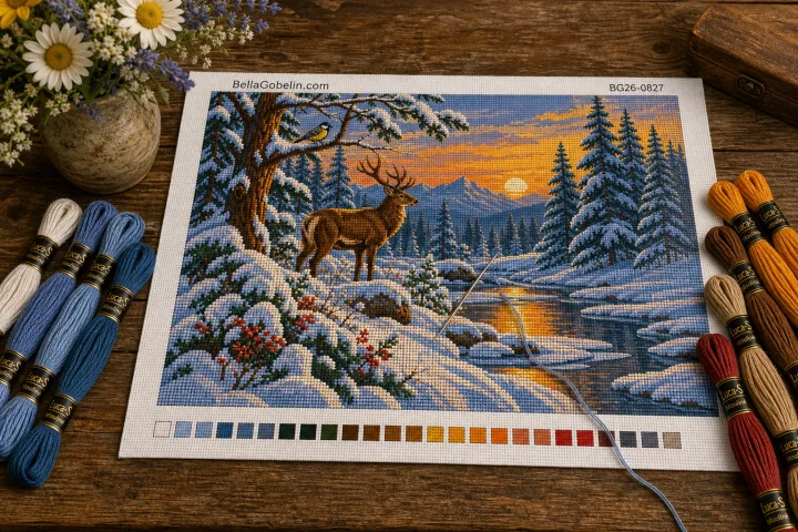 Winter forest landscape with a deer