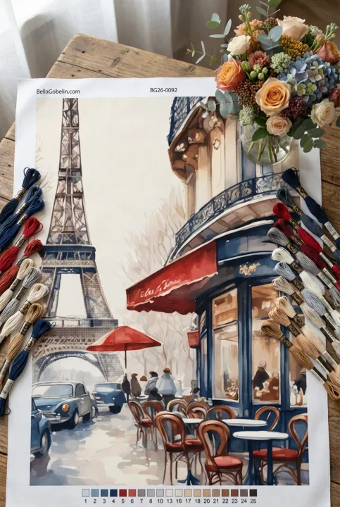 Parisian café with the Eiffel Tower, featuring a needlepoint tapestry