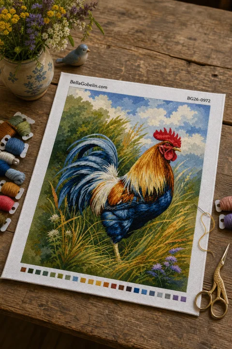 Colorful rooster in the meadow