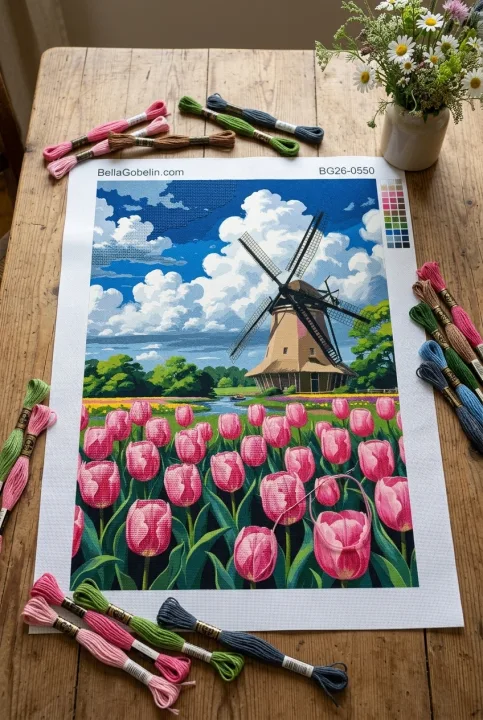 Holland szélmalom tulipánmezővel