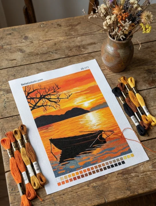 Lone boat at sunset