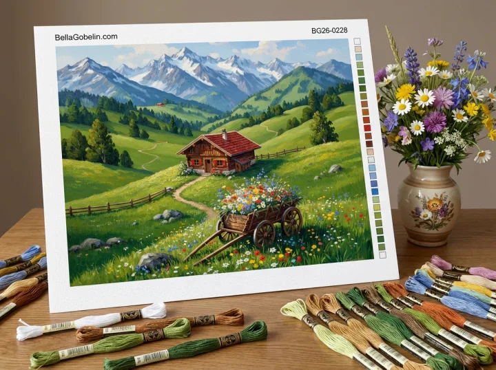 Alpine landscape with flower-filled cart