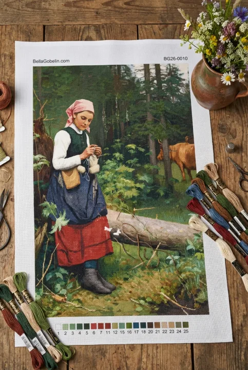 Johan Krouthén - Needlepoint girl in the forest hill replica