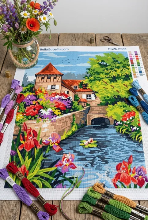 Floral needlepoint cottage by the water