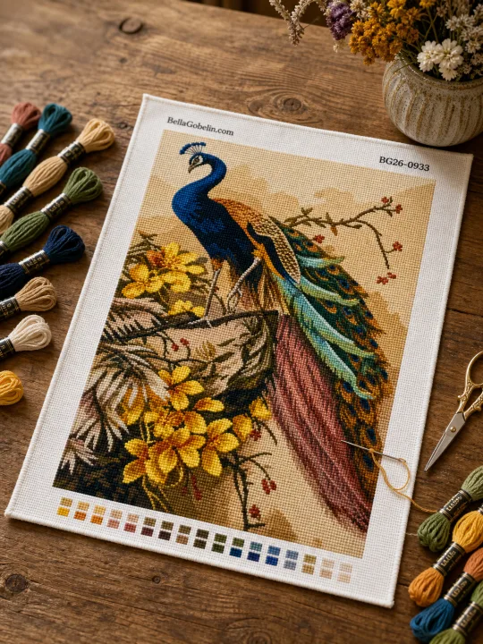 Peacock on flowering branches