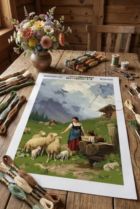 Alpine landscape with a washing woman in needlepoint tapestry