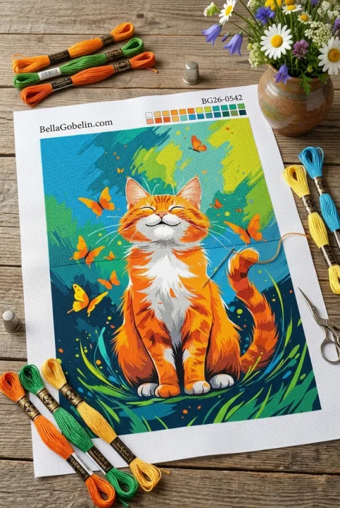 Cheerful red kitten with butterflies