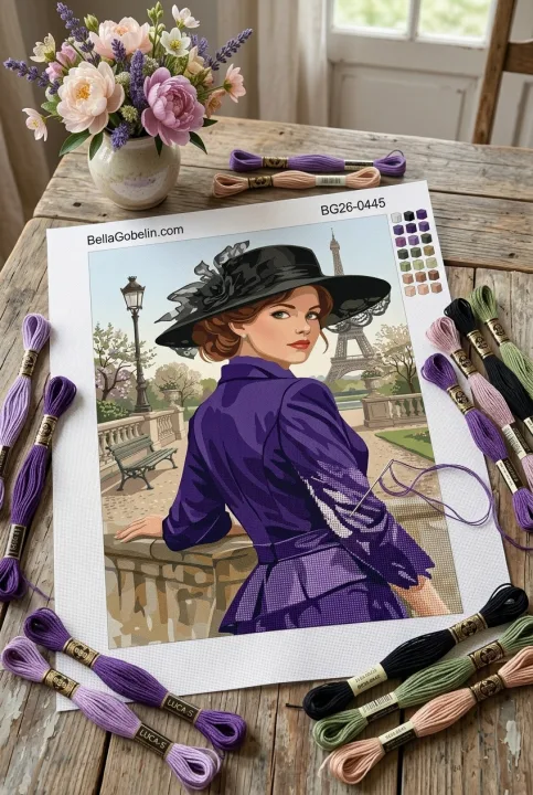 Lady in a purple needlepoint suit in Paris