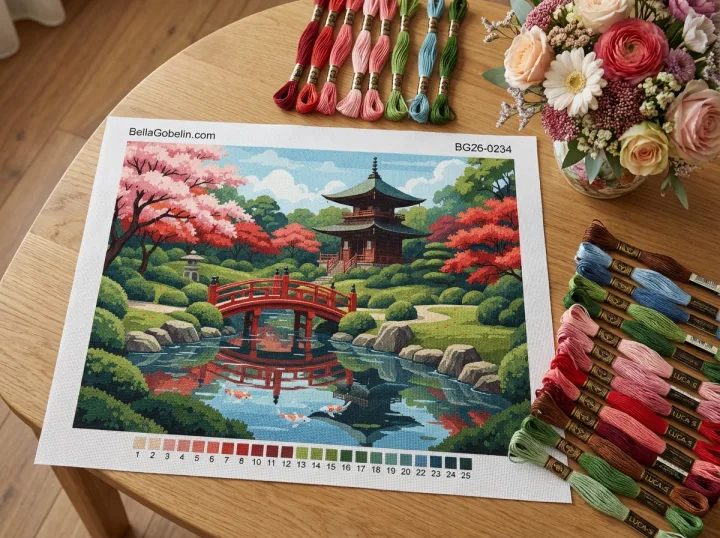 Japansk trädgård med bro och pagoda