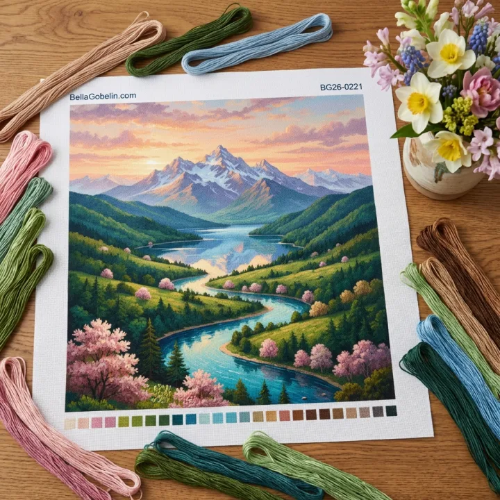Mountain landscape with flowering trees