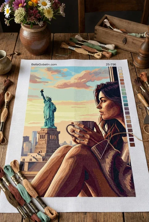 Portrait with coffee at the Statue of Liberty