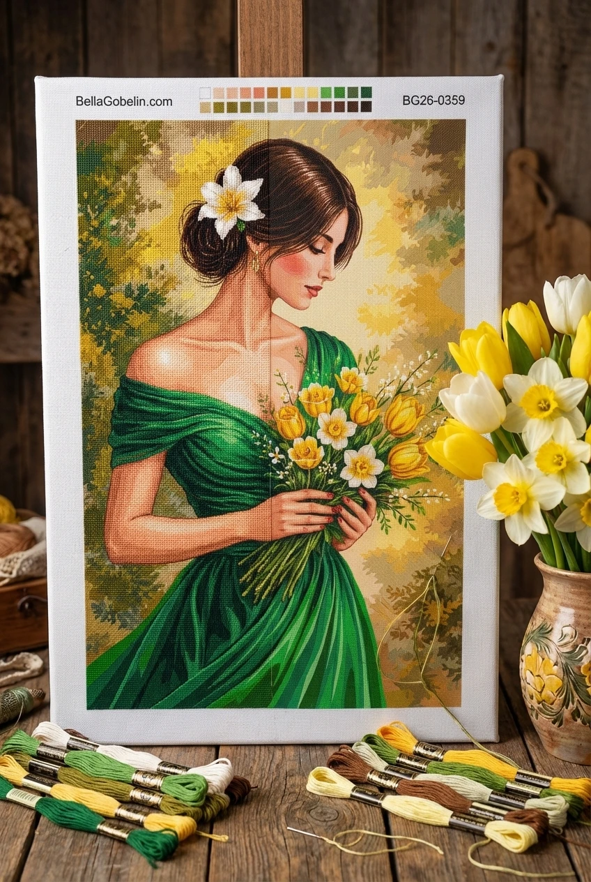 Dame in groene jurk met een gele bos bloemen
