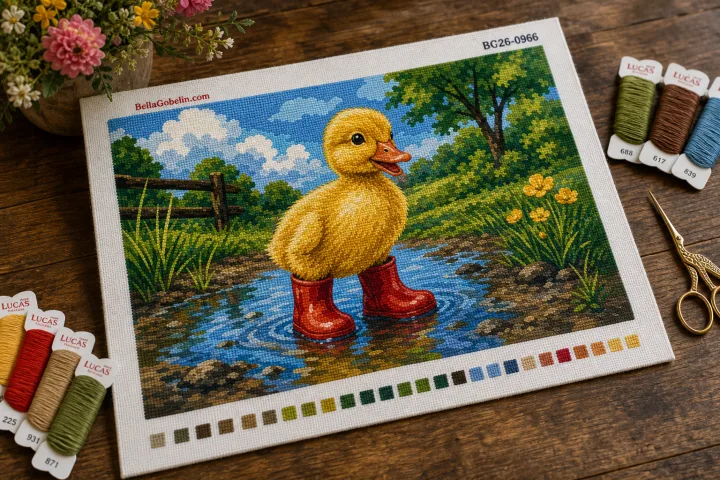Pato pequeno com botas vermelhas