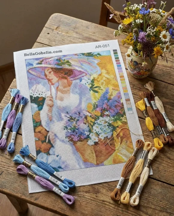 Lady in a hat with a basket of flowers