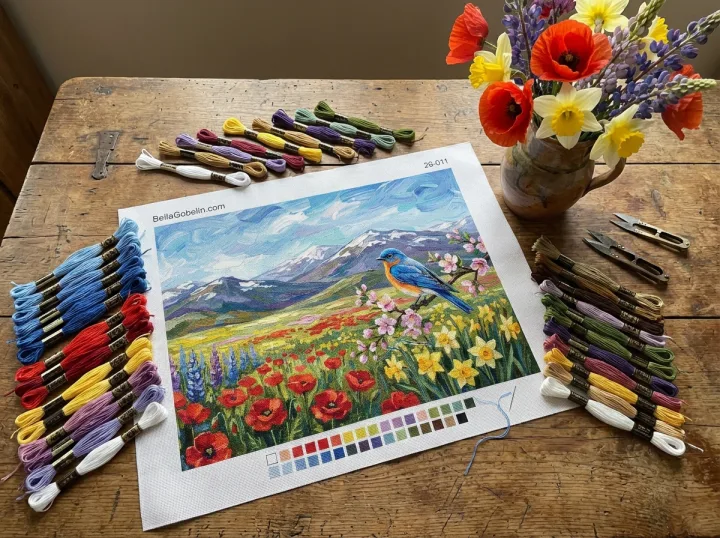 Paysage de printemps avec un petit oiseau au needlepoint