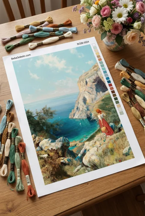 Mediterranean landscape with a woman and a tapestry embroidery