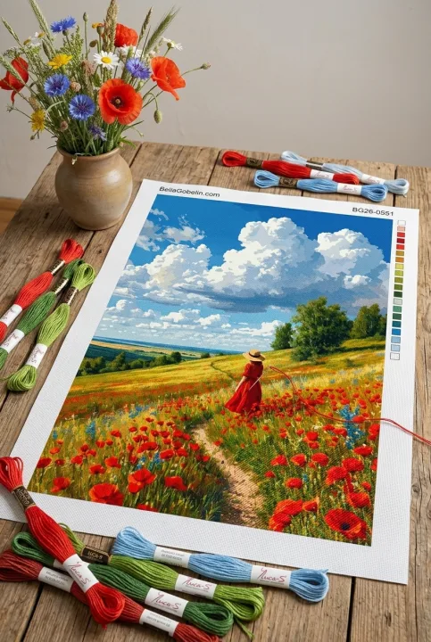 Mulher de vestido vermelho num campo de papoilas (bordado)