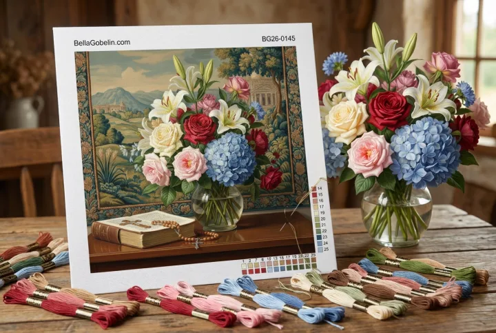 Still life with flowers and book