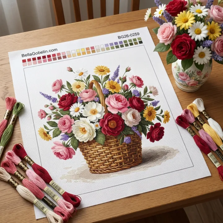 Flower basket with roses and daisies