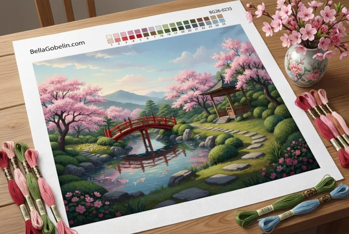 Japansk trädgård med körsbärsblomning