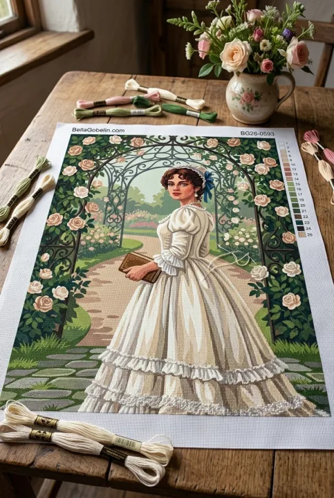Senhora no jardim de rosas