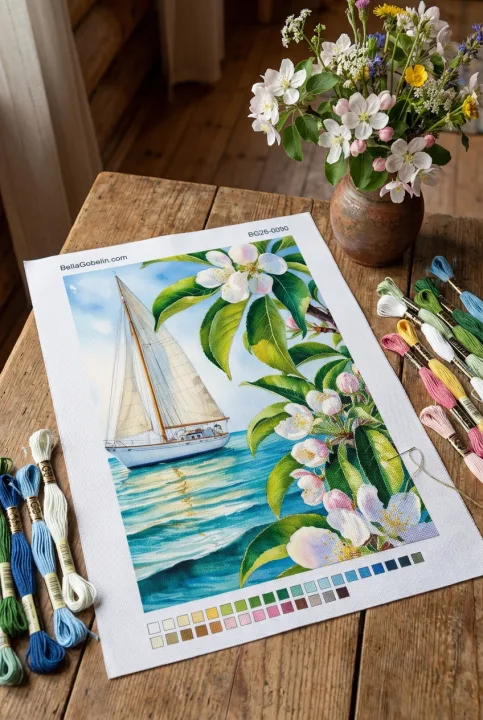 Segelbåtar med blommor vid stranden achttagare