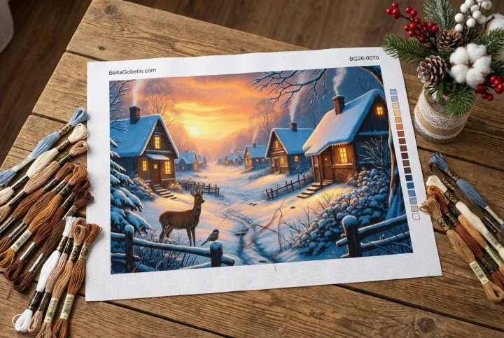 Zimowy pejzaż z jeleniem na gobelin-tapestry