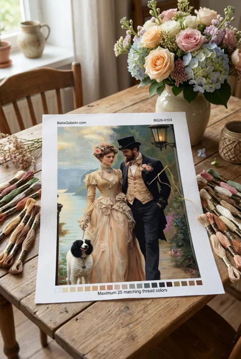 Romantic couple with a dog - Needlepoint tapestry