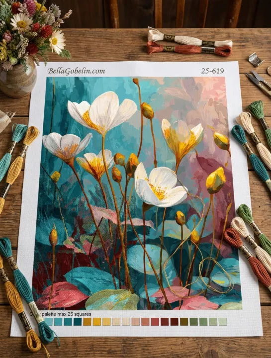 Lillepixelne needlepoint kunstiteos