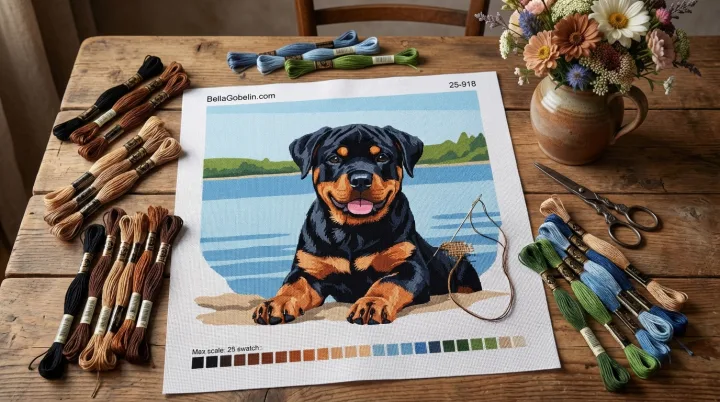 Gabháil pórtráid madra - Páiste Rottweiler ag an bhfaoi teicneolaíocht needlepoint ag an bhfarraige