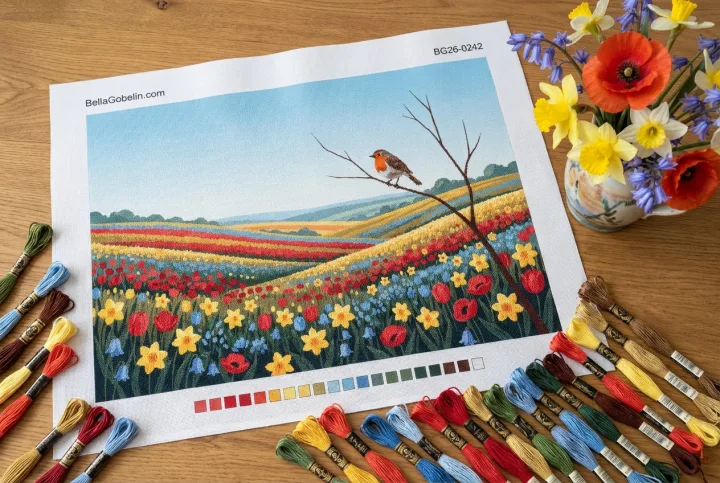 Flower field with bird