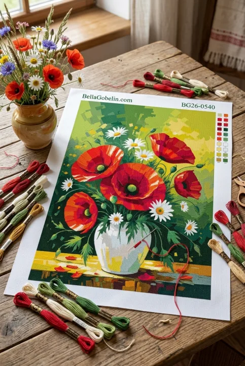 Poppies and daisies in a vase
