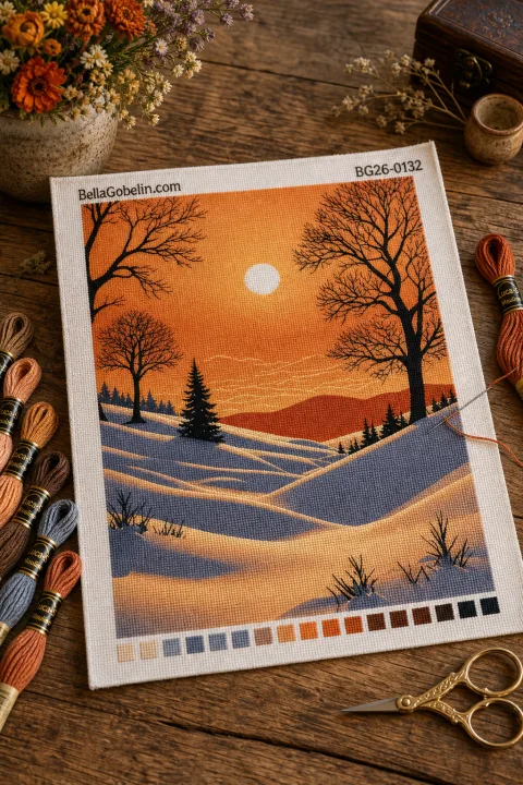 Paesaggio invernale con cielo arancione