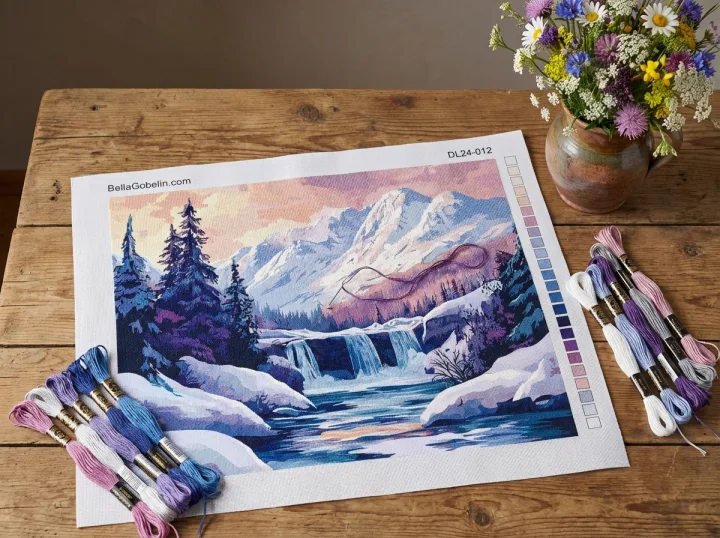Waterfall at the foot of the snowy mountain.