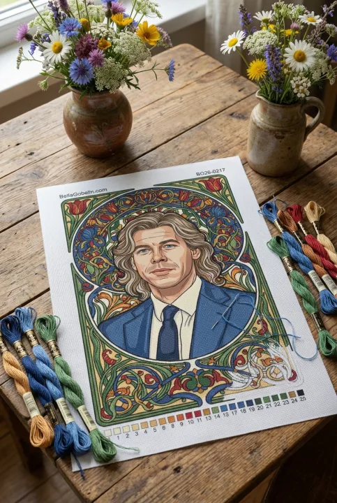 Portret fil-pattern Alphonse Mucha style needlepoint – BG26-0217