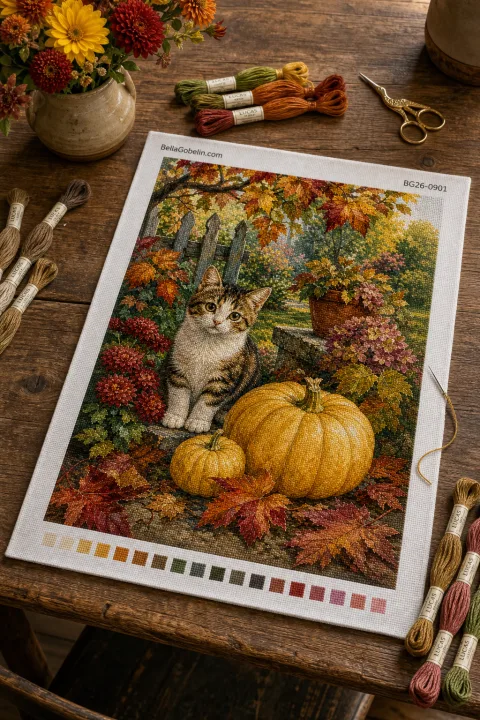 Rudens kaķēns ar ķirbjiem