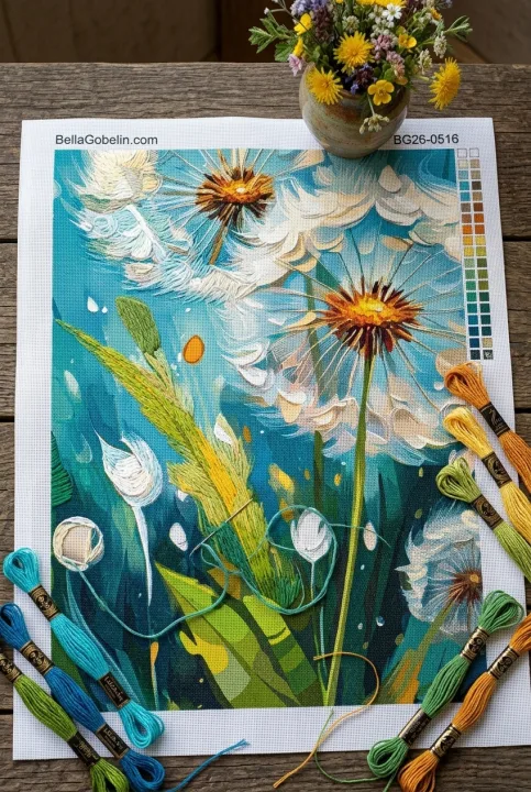 Gaisā virmojoši pienenes ziedi