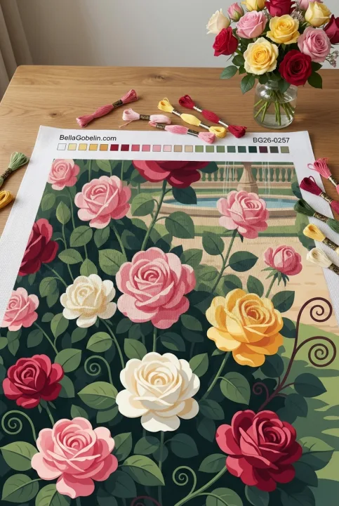 Jardim de rosas com fonte