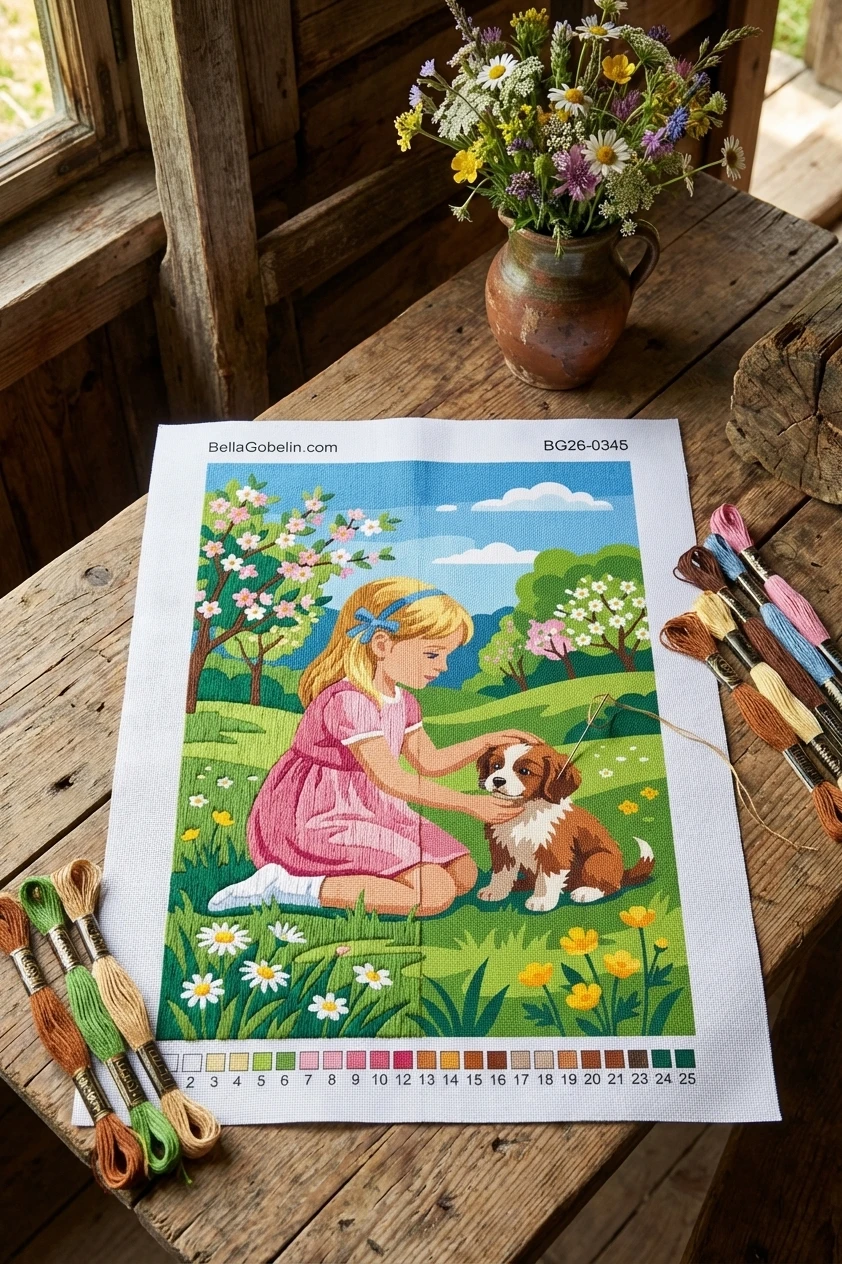 Menina com cachorro em paisagem de primavera