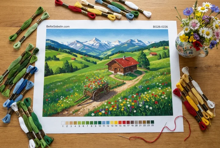 Alpine landscape with flower-filled cart – BG26-0226