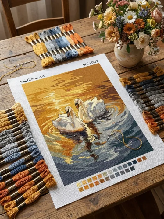 Cisnes sobre el agua dorada