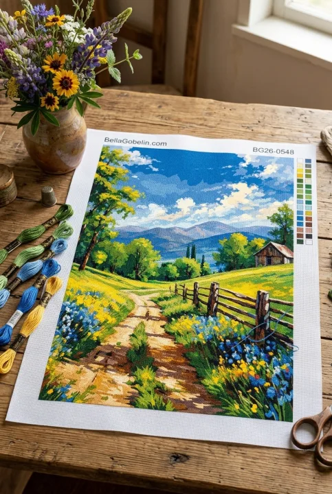 Rural landscape with a floral path