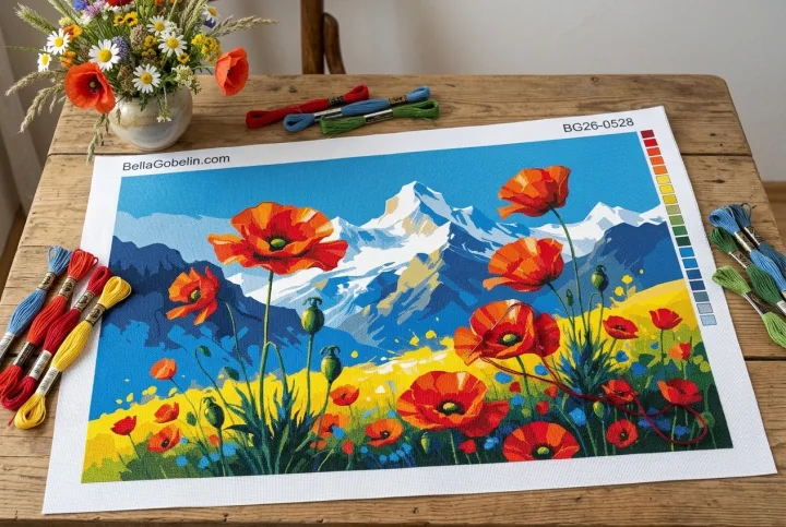 Poppy field with mountains