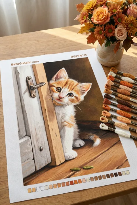 En söt liten kattunge i dörröppningen