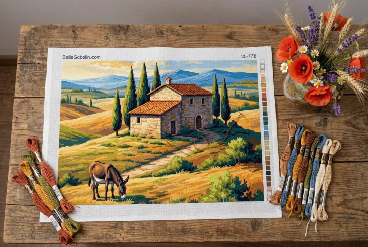 Tuscan landscape with a donkey, designed for needlepoint tapestry
